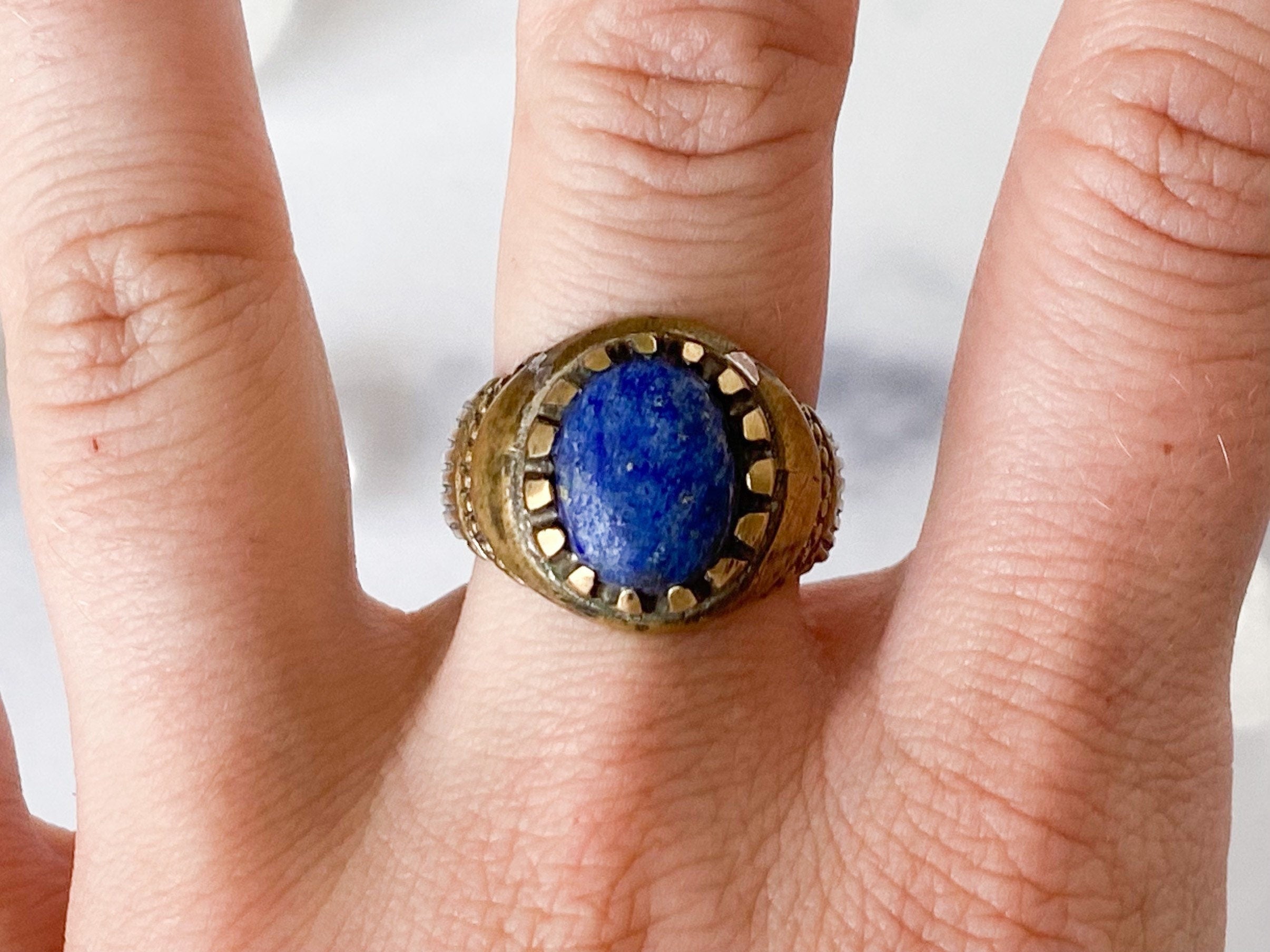 Herat Ring - Vintage Gold-Tone Oval Blue Raw Lapis Lazuli Stone Ring from Afghanistan /Unique Ring/Beautiful Ring/Men's Ring /Women's Ring