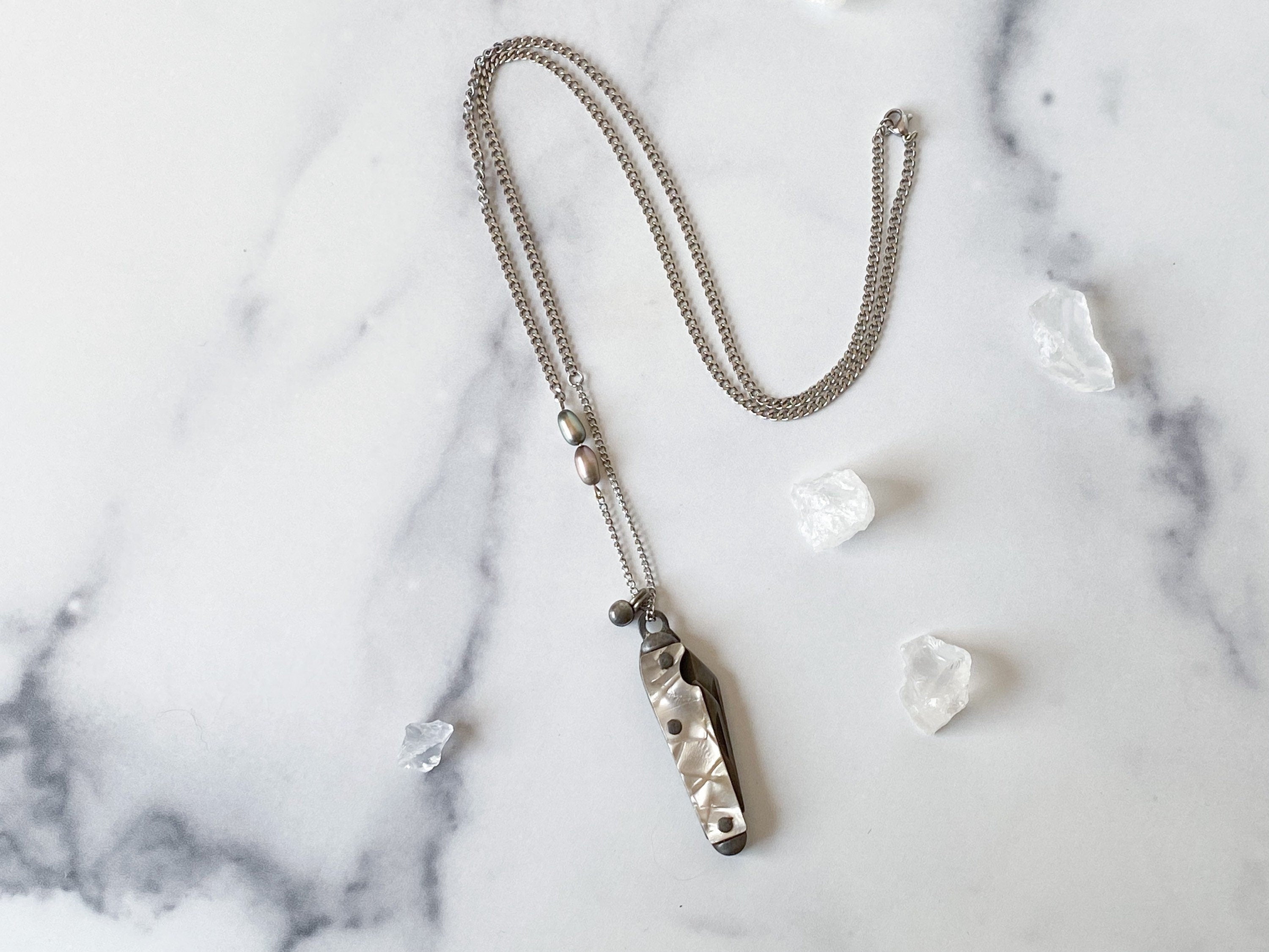 Anastasiya Knife Necklace - Vintage Silver-Tone Mother of Pearl Penknife, Freshwater Pearl, Silver Alloy Bell & Reclaimed Chain Necklace