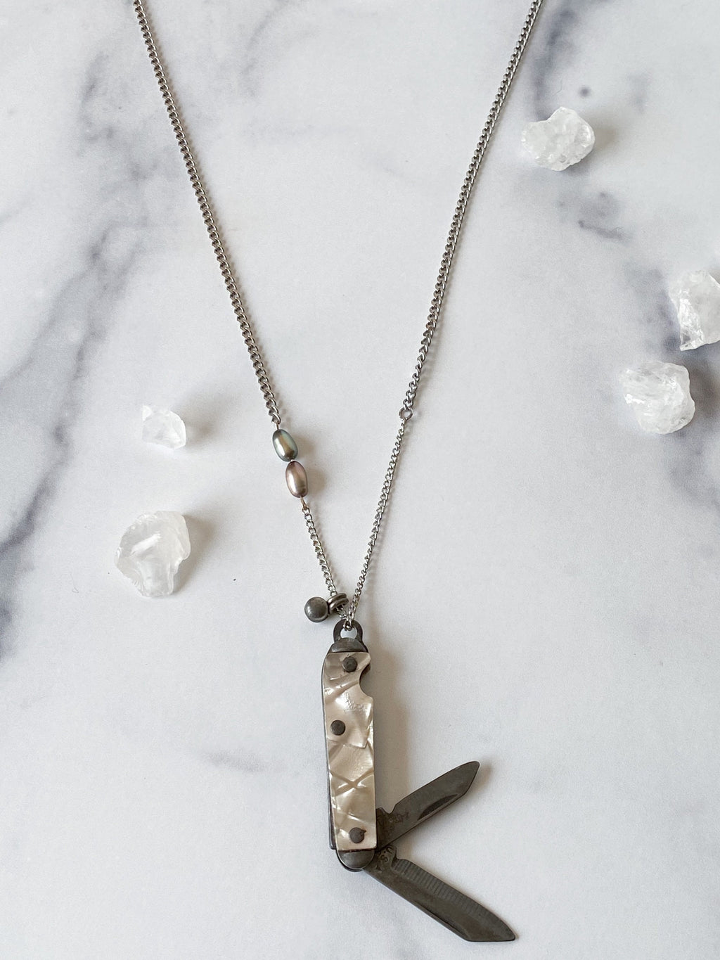 Anastasiya Knife Necklace - Vintage Silver-Tone Mother of Pearl Penknife, Freshwater Pearl, Silver Alloy Bell & Reclaimed Chain Necklace