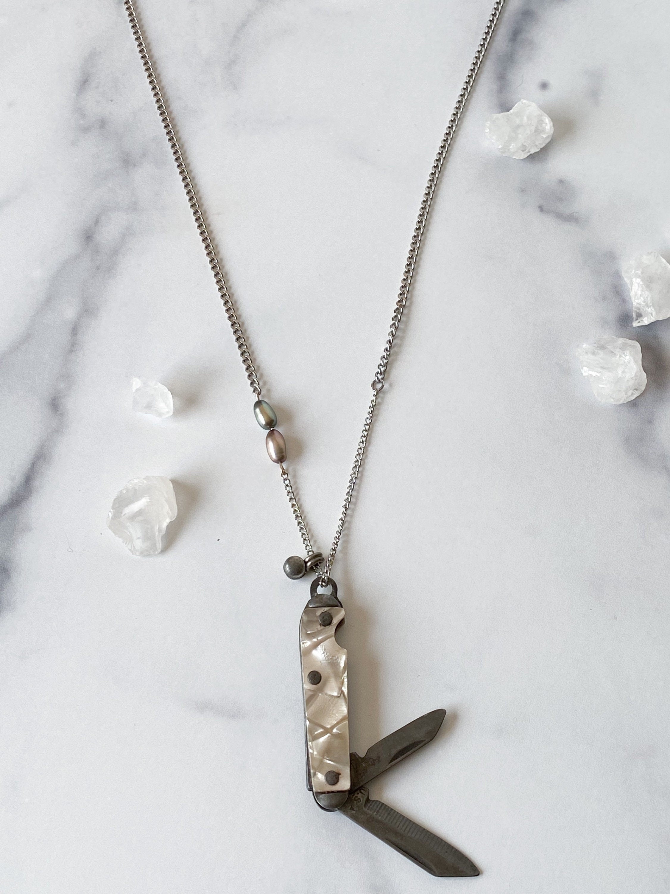 Anastasiya Knife Necklace - Vintage Silver-Tone Mother of Pearl Penknife, Freshwater Pearl, Silver Alloy Bell & Reclaimed Chain Necklace