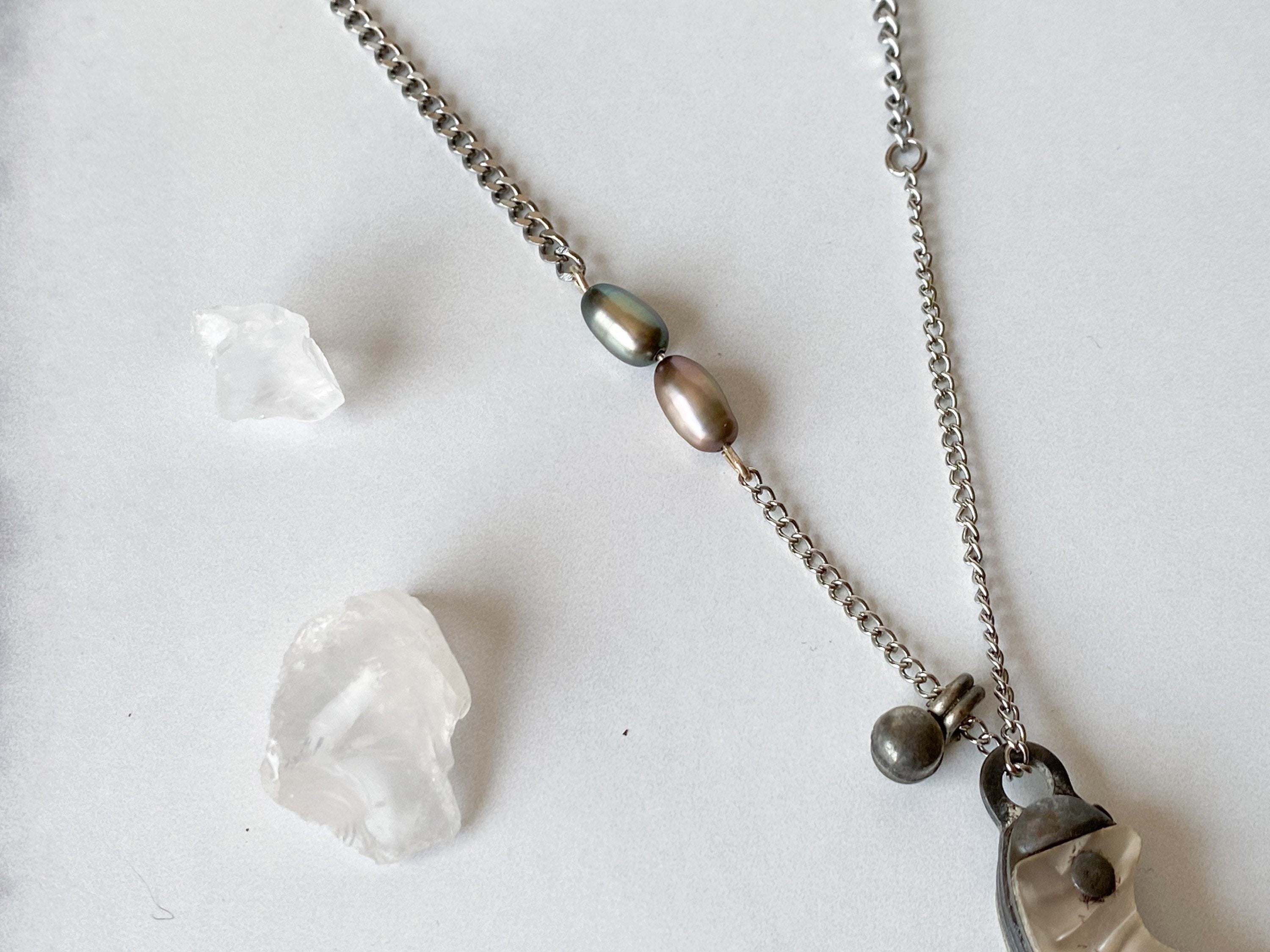 Anastasiya Knife Necklace - Vintage Silver-Tone Mother of Pearl Penknife, Freshwater Pearl, Silver Alloy Bell & Reclaimed Chain Necklace