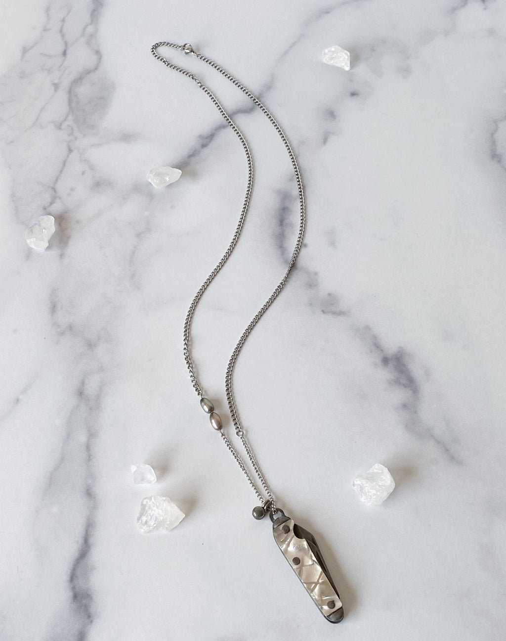 Anastasiya Knife Necklace - Vintage Silver-Tone Mother of Pearl Penknife, Freshwater Pearl, Silver Alloy Bell & Reclaimed Chain Necklace