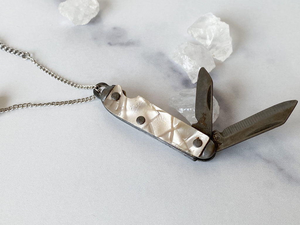 Anastasiya Knife Necklace - Vintage Silver-Tone Mother of Pearl Penknife, Freshwater Pearl, Silver Alloy Bell & Reclaimed Chain Necklace