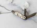 Anastasiya Knife Necklace - Vintage Silver-Tone Mother of Pearl Penknife, Freshwater Pearl, Silver Alloy Bell & Reclaimed Chain Necklace