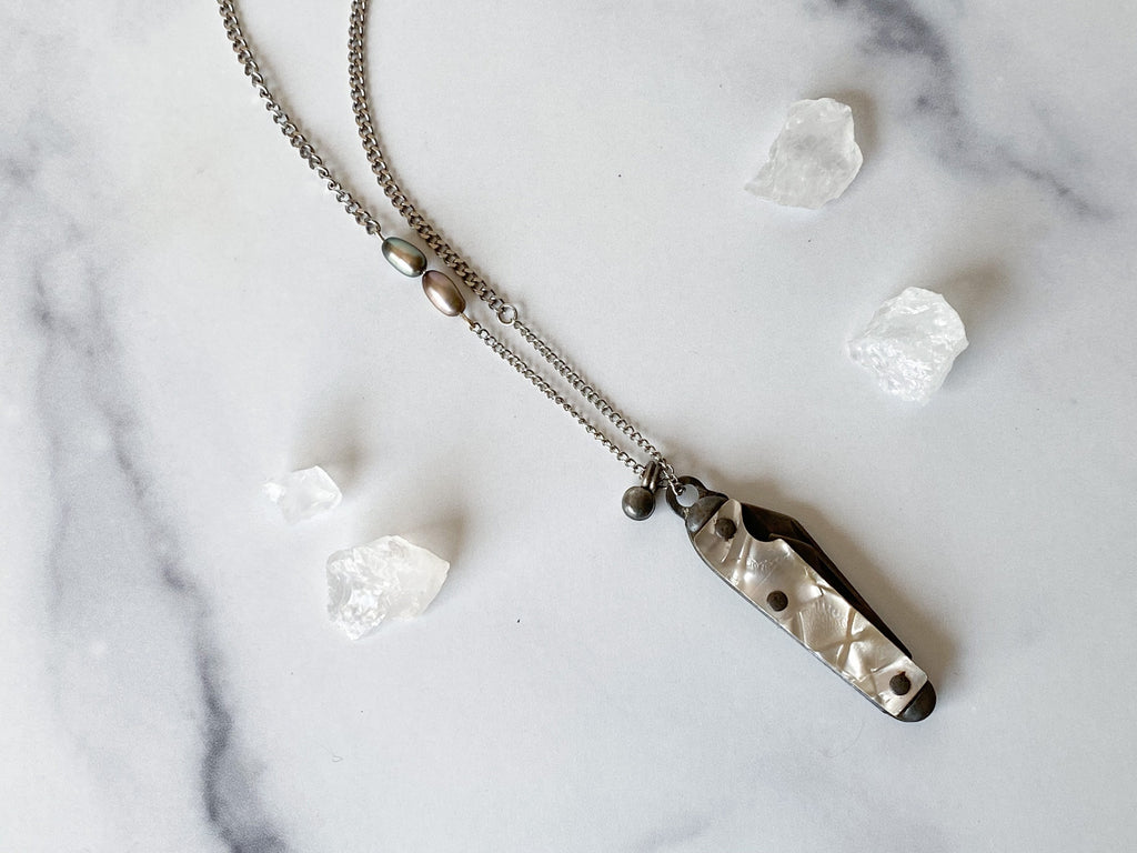 Anastasiya Knife Necklace - Vintage Silver-Tone Mother of Pearl Penknife, Freshwater Pearl, Silver Alloy Bell & Reclaimed Chain Necklace