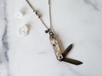Anastasiya Knife Necklace - Vintage Silver-Tone Mother of Pearl Penknife, Freshwater Pearl, Silver Alloy Bell & Reclaimed Chain Necklace