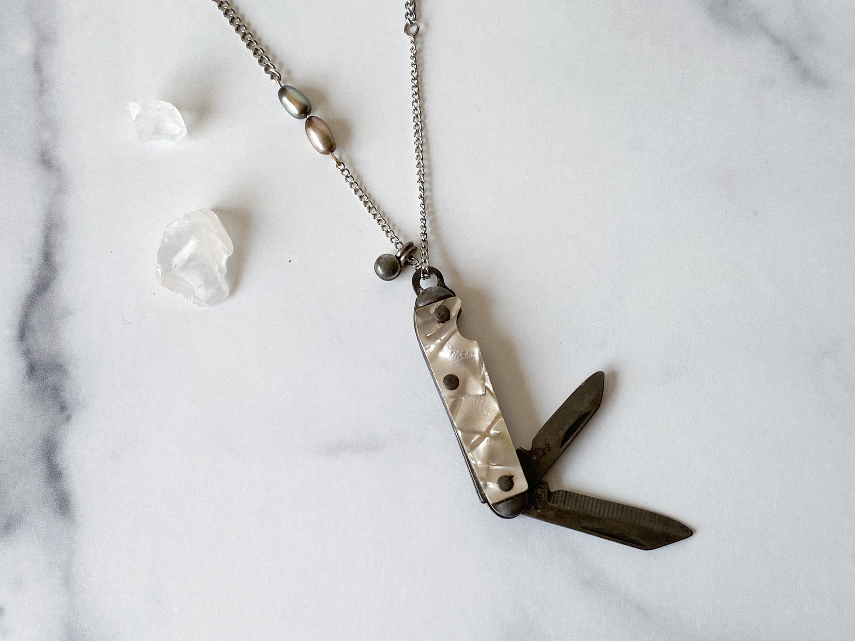 Anastasiya Knife Necklace - Vintage Silver-Tone Mother of Pearl Penknife, Freshwater Pearl, Silver Alloy Bell & Reclaimed Chain Necklace