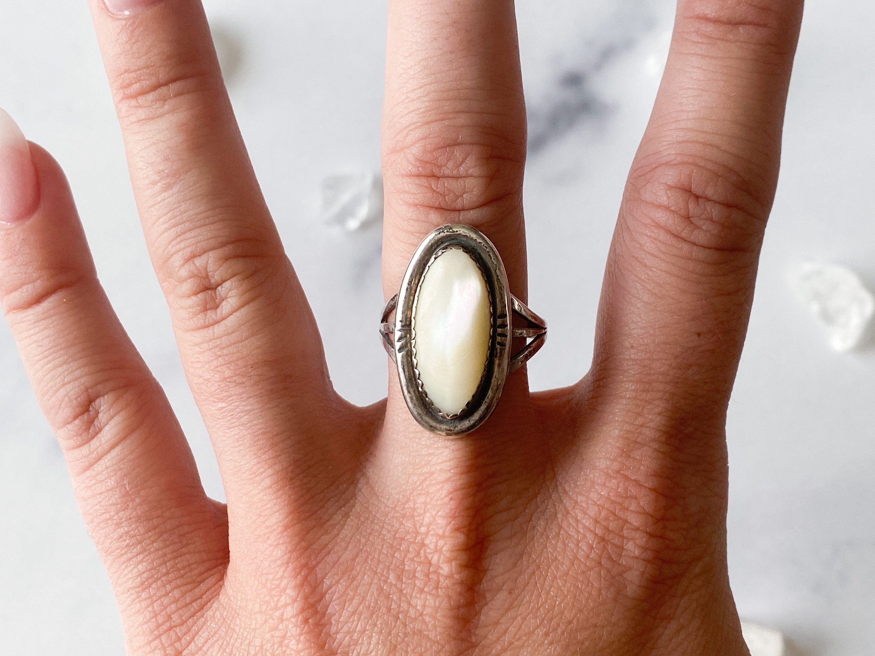 Azalea Ring - Vintage Sterling Silver and Neutral Shimmering White Oval Stone Ring Size 9