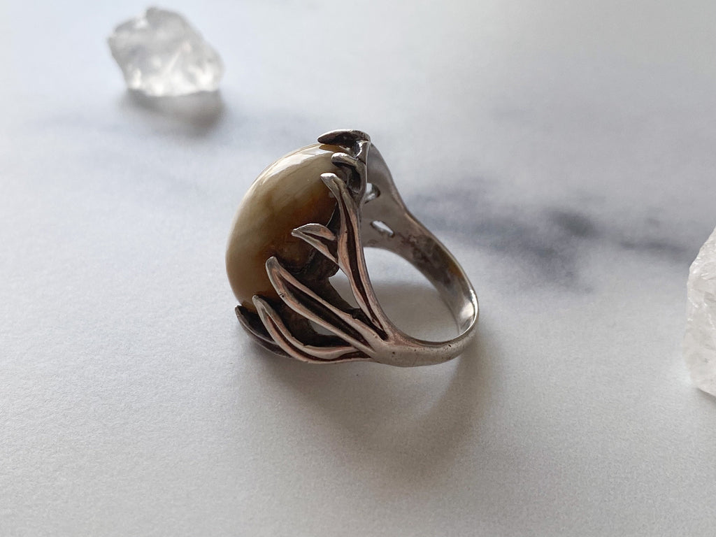 Antler Ring - Vintage Sterling Silver Neutral Stone Cabochon Ring Size 6