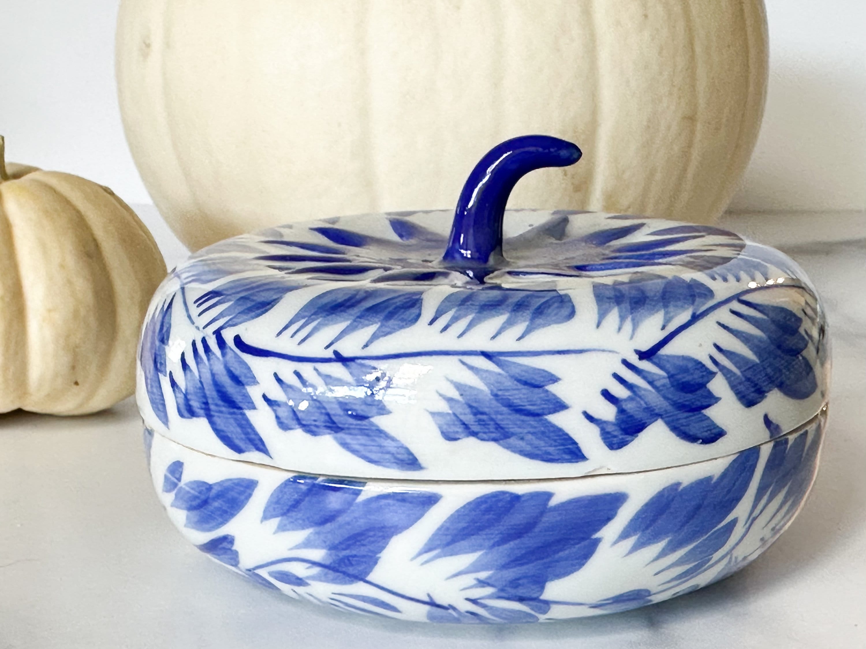 Pumpkin Trinket Box - Vintage Blue and White Porcelain Pumpkin Keepsake Box/Treasure Box/Halloween Decoration/Halloween Decor/Holiday Decor