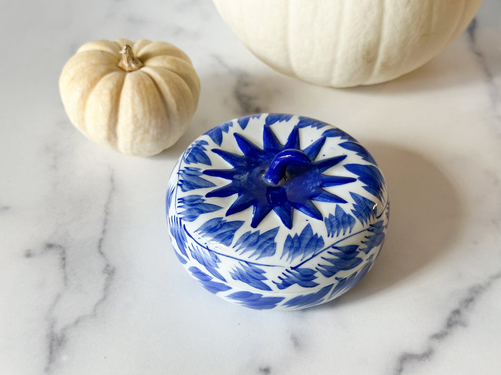 Pumpkin Trinket Box - Vintage Blue and White Porcelain Pumpkin Keepsake Box/Treasure Box/Halloween Decoration/Halloween Decor/Holiday Decor