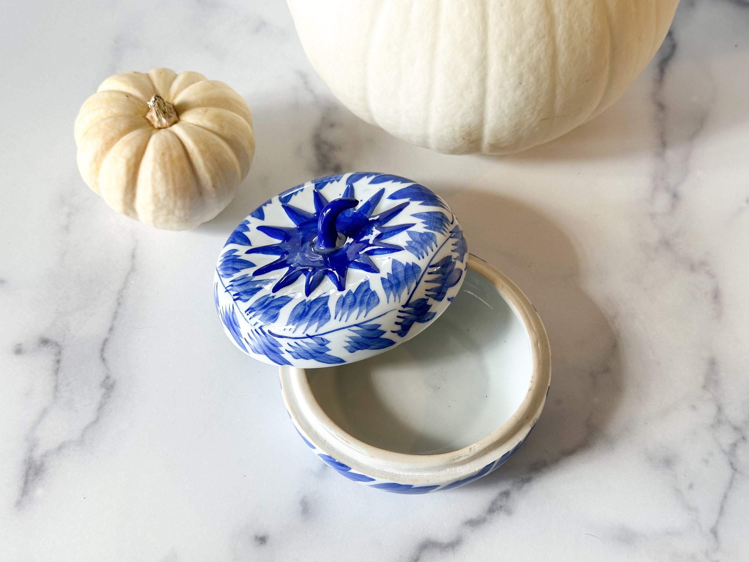 Pumpkin Trinket Box - Vintage Blue and White Porcelain Pumpkin Keepsake Box/Treasure Box/Halloween Decoration/Halloween Decor/Holiday Decor