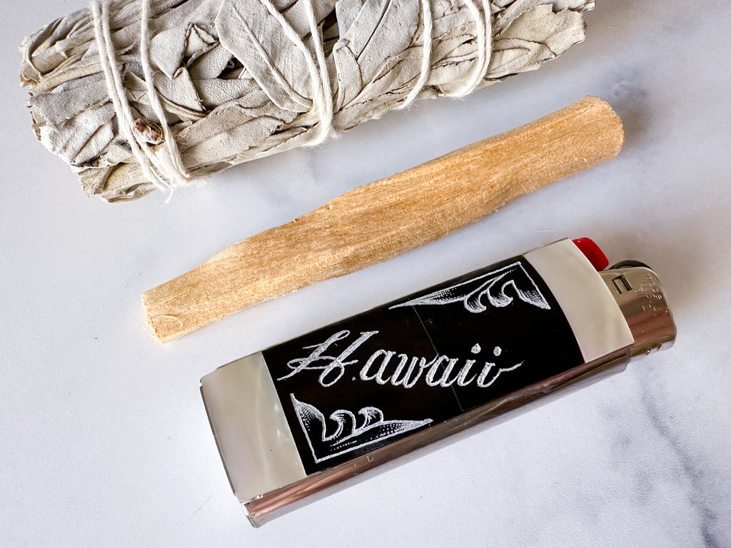Hawaii Lighter Cover - Vintage Hawaii Souvenir Motif Etched Black Stone and Nickel Silver Lighter Cover/Lighter Case/Lighter Sleeve/Holder