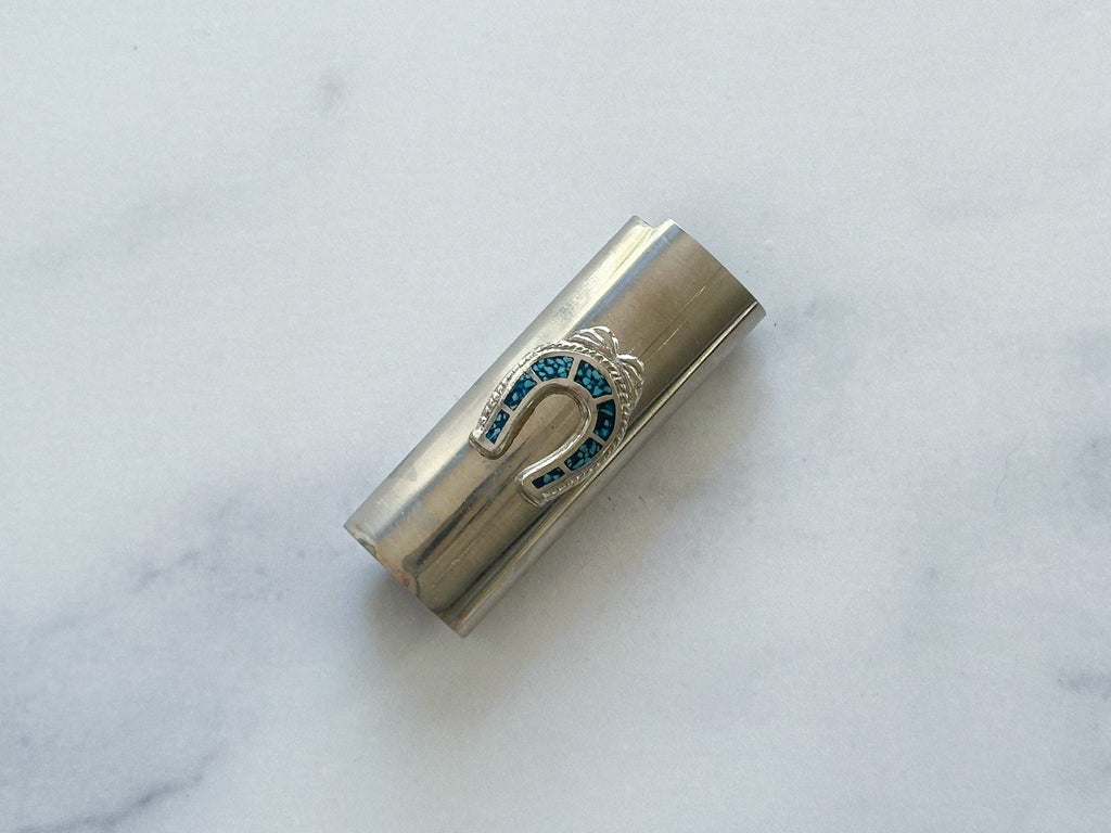 Horseshoe Lighter Cover - Vintage Horseshoe Design Crushed Blue Turquoise Chip & Nickel Silver Lighter Case/Cover/Lighter Sleeve/Holder