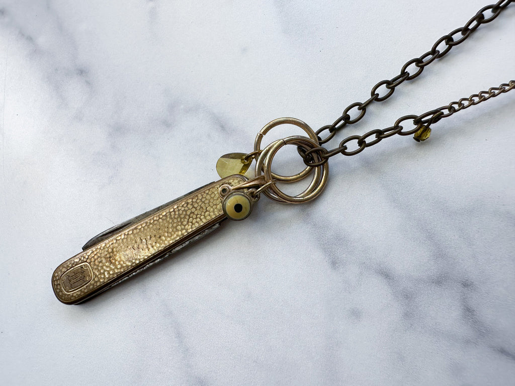 All Seeing Knife Necklace - Vintage Brass-Tone Folding Knife, Vintage Charms & Reclaimed Chain Statement Necklace