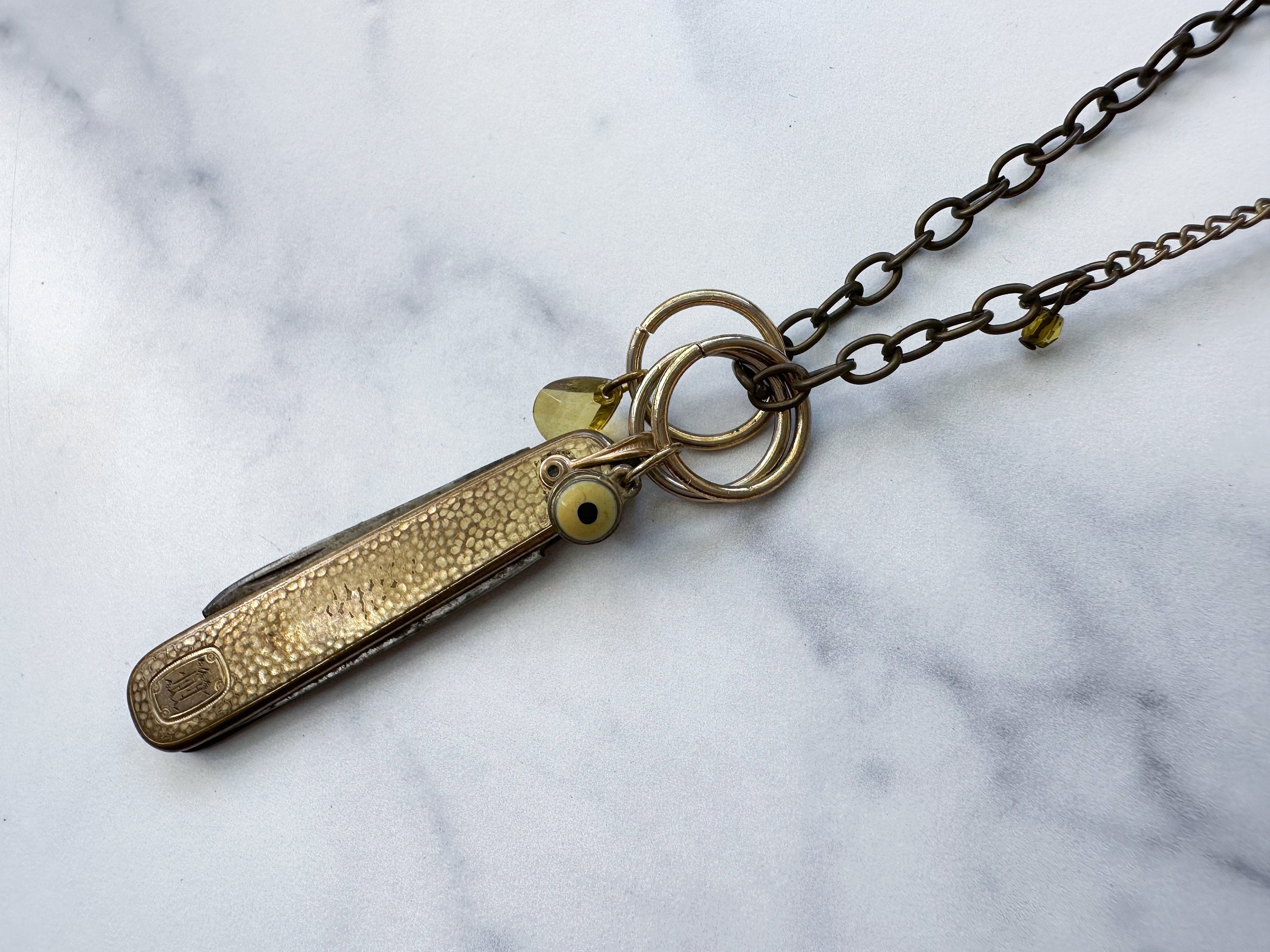 All Seeing Knife Necklace - Vintage Brass-Tone Folding Knife, Vintage Charms & Reclaimed Chain Statement Necklace