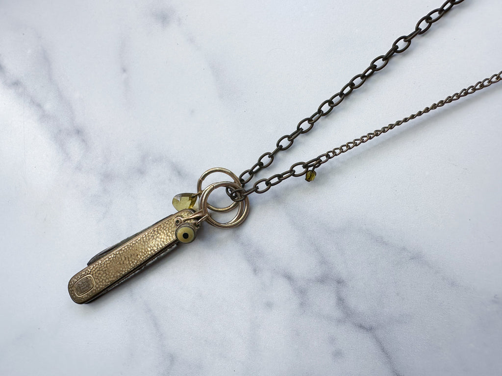 All Seeing Knife Necklace - Vintage Brass-Tone Folding Knife, Vintage Charms & Reclaimed Chain Statement Necklace