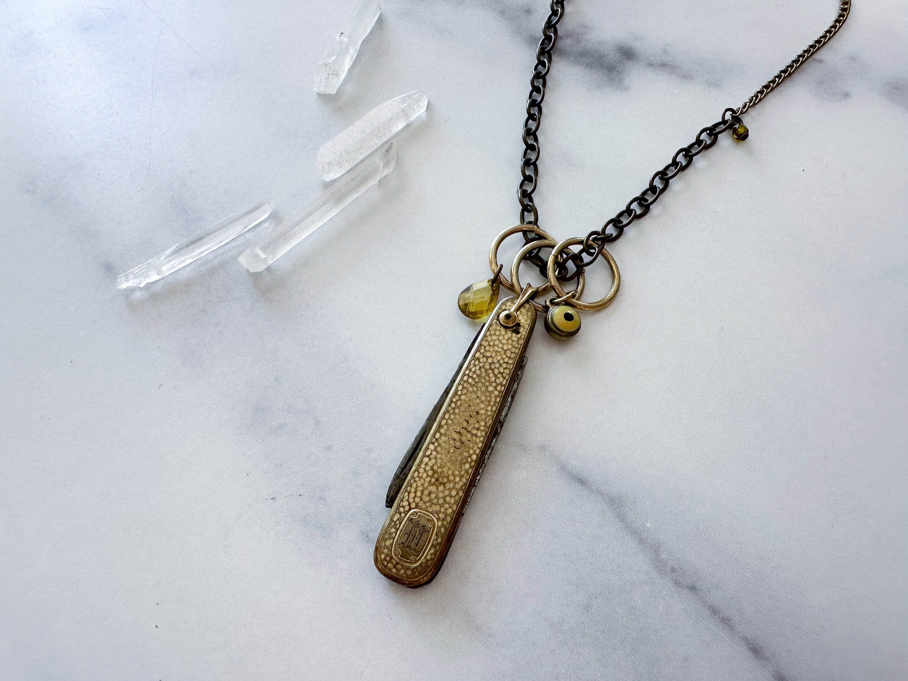 All Seeing Knife Necklace - Vintage Brass-Tone Folding Knife, Vintage Charms & Reclaimed Chain Statement Necklace