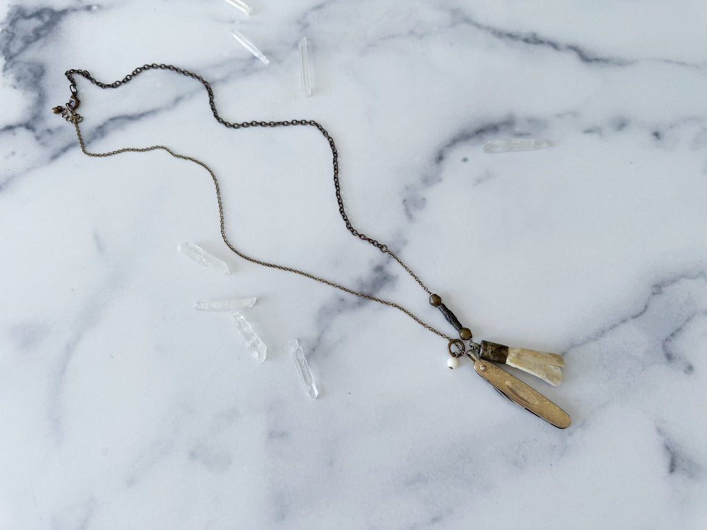 Doe Knife Necklace - Vintage Gold-Tone Folding Knife, Deer Tooth Pendant, Vintage Charm & Reclaimed Chain Statement Necklace
