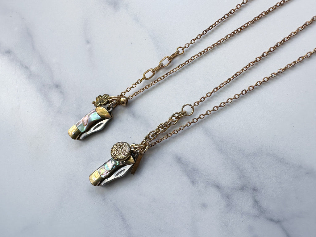 Luck Knife Necklace - Gold-Tone Shell Mother of Pearl Folding Knife, Vintage Gold-Tone Charms & Patchwork Reclaimed Chain Statement Necklace