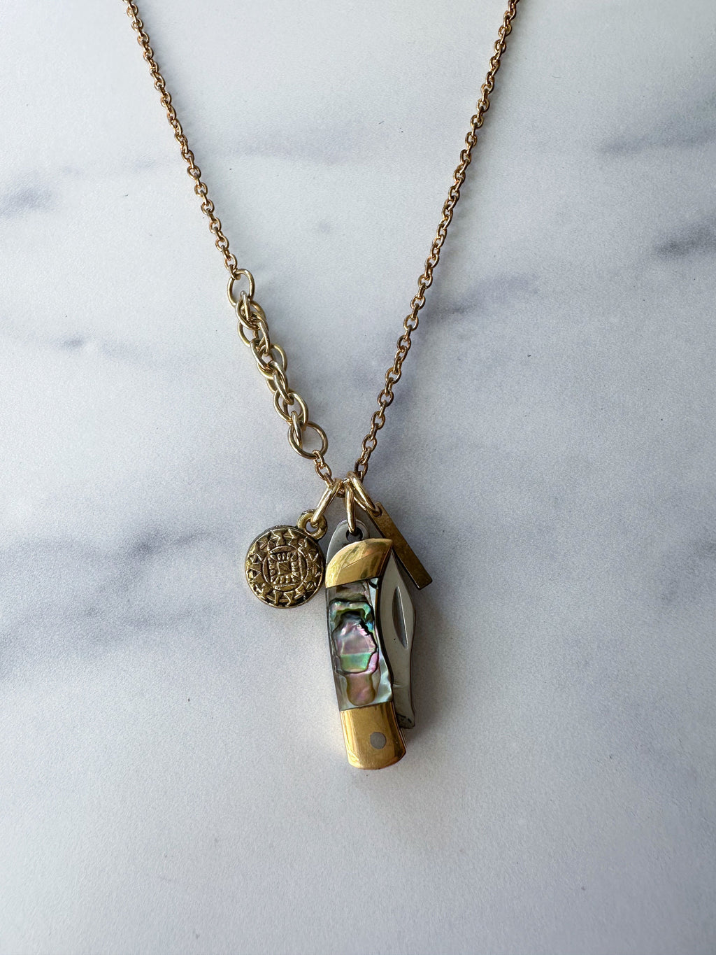 Luck Knife Necklace - Gold-Tone Shell Mother of Pearl Folding Knife, Vintage Gold-Tone Charms & Patchwork Reclaimed Chain Statement Necklace