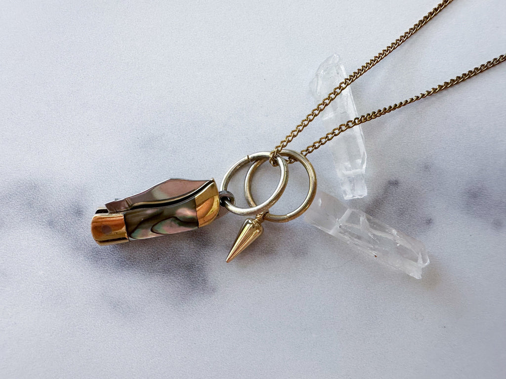 Duo Knife Necklace - Gold-Tone Mother of Pearl Folding Knife, Vintage Gold-Tone Spike Charm & Patchwork Reclaimed Chain Statement Necklace