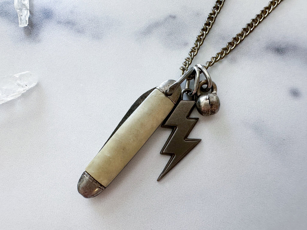 Zeus Knife Necklace - Vintage Mother of Pearl Penknife, Silver-Tone Lightning Bolt Charm & Reclaimed Patchwork Chain Statement Necklace