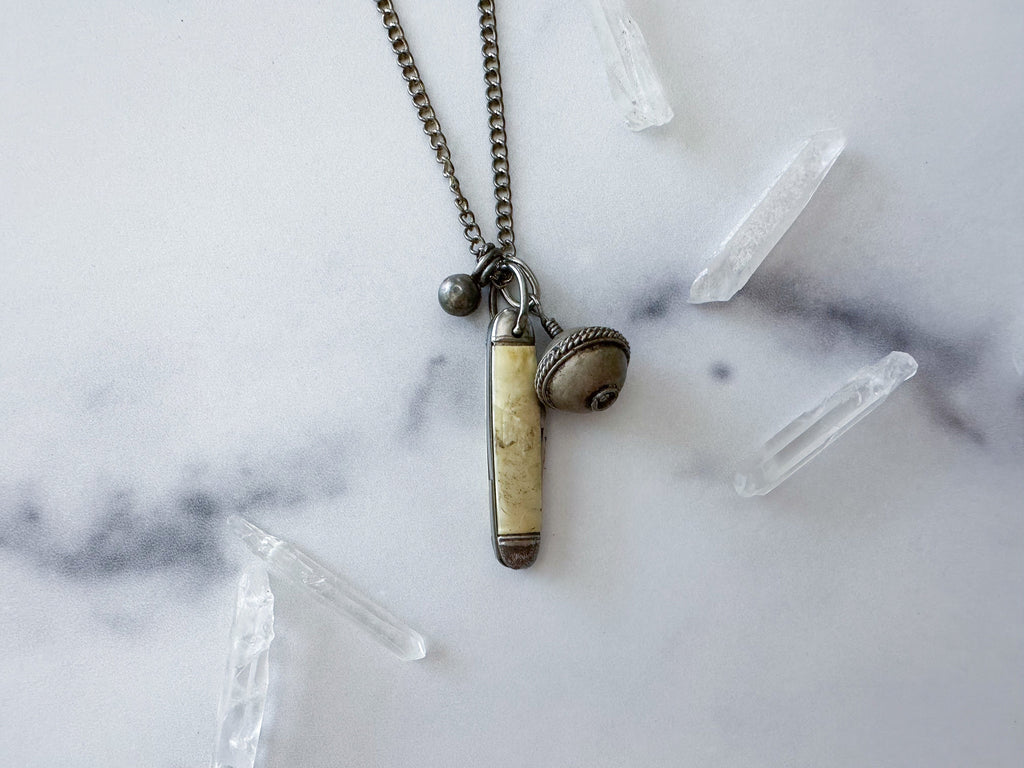 Fez Knife Necklace - Vintage Mother of Pearl Penknife, Silver-Tone Bead Charm, Kuchi Bell & Patchwork Reclaimed Chain Statement Necklace
