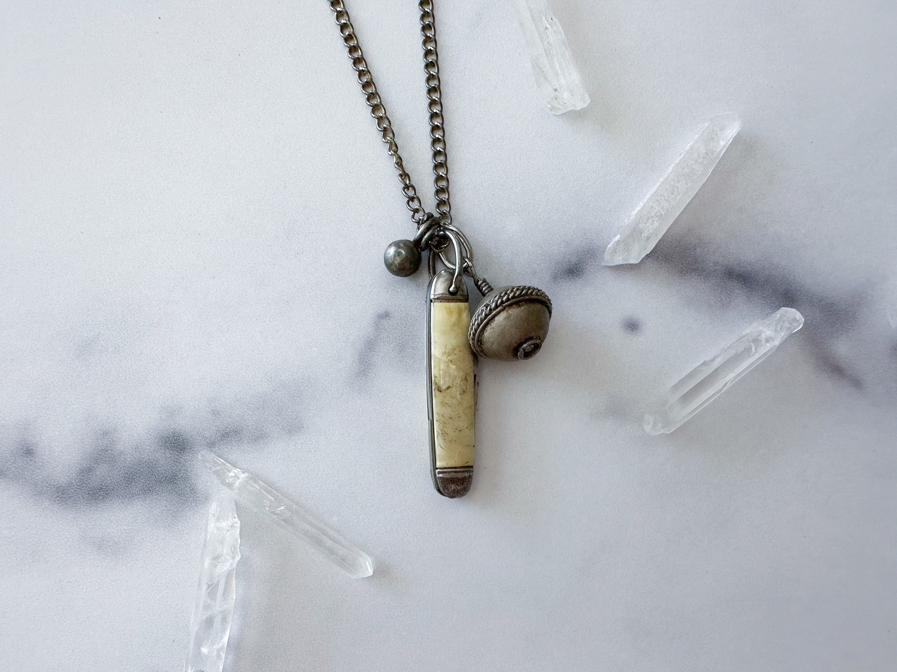 Fez Knife Necklace - Vintage Mother of Pearl Penknife, Silver-Tone Bead Charm, Kuchi Bell & Patchwork Reclaimed Chain Statement Necklace