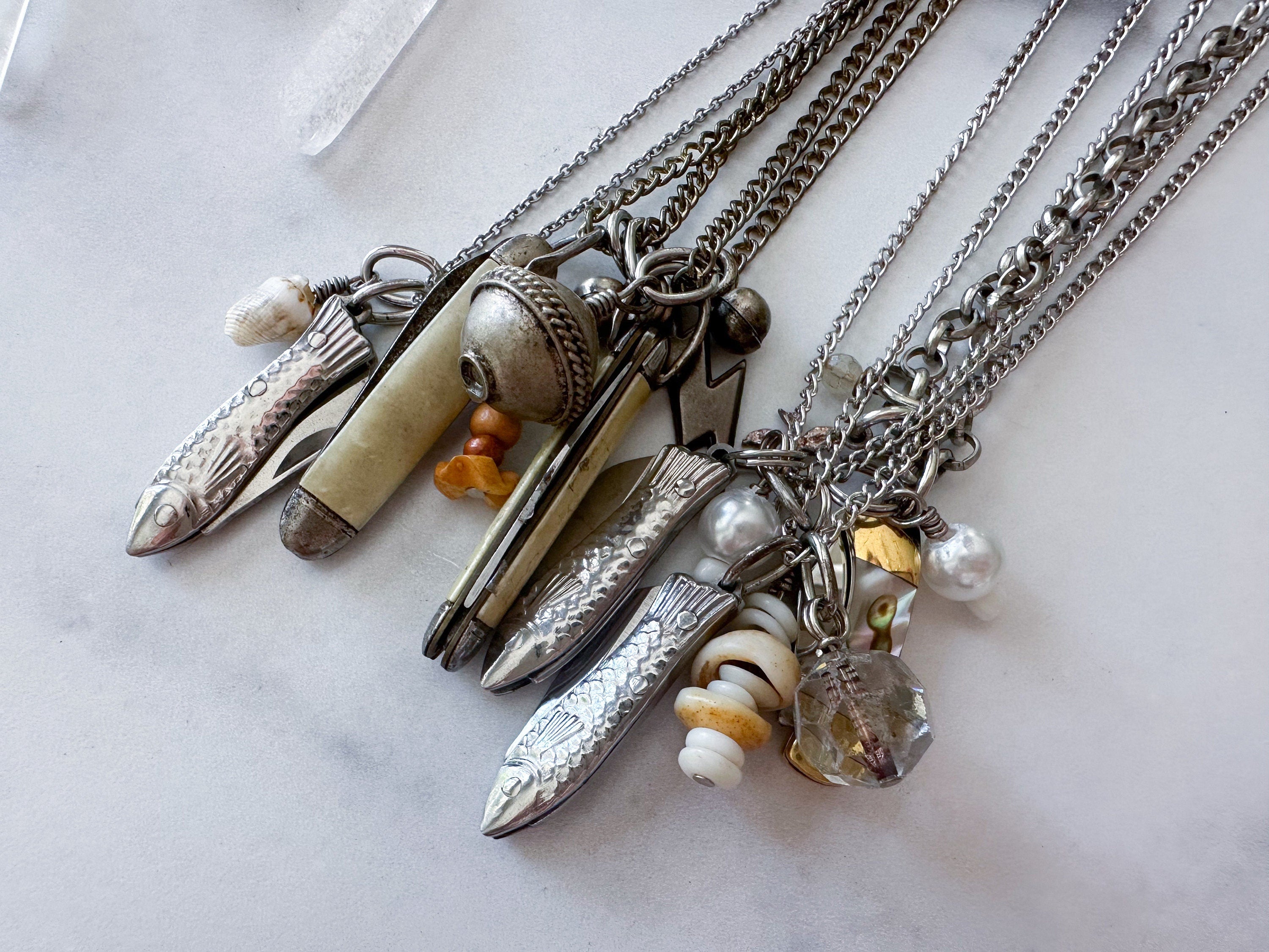 Fez Knife Necklace - Vintage Mother of Pearl Penknife, Silver-Tone Bead Charm, Kuchi Bell & Patchwork Reclaimed Chain Statement Necklace