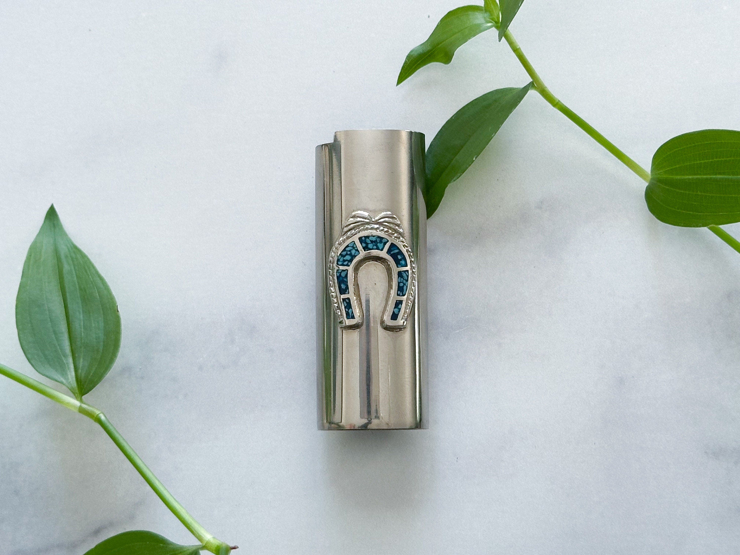 Horseshoe Lighter Cover - Vintage Horseshoe Design Crushed Blue Turquoise Chip & Nickel Silver Lighter Case/Cover/Lighter Sleeve/Holder