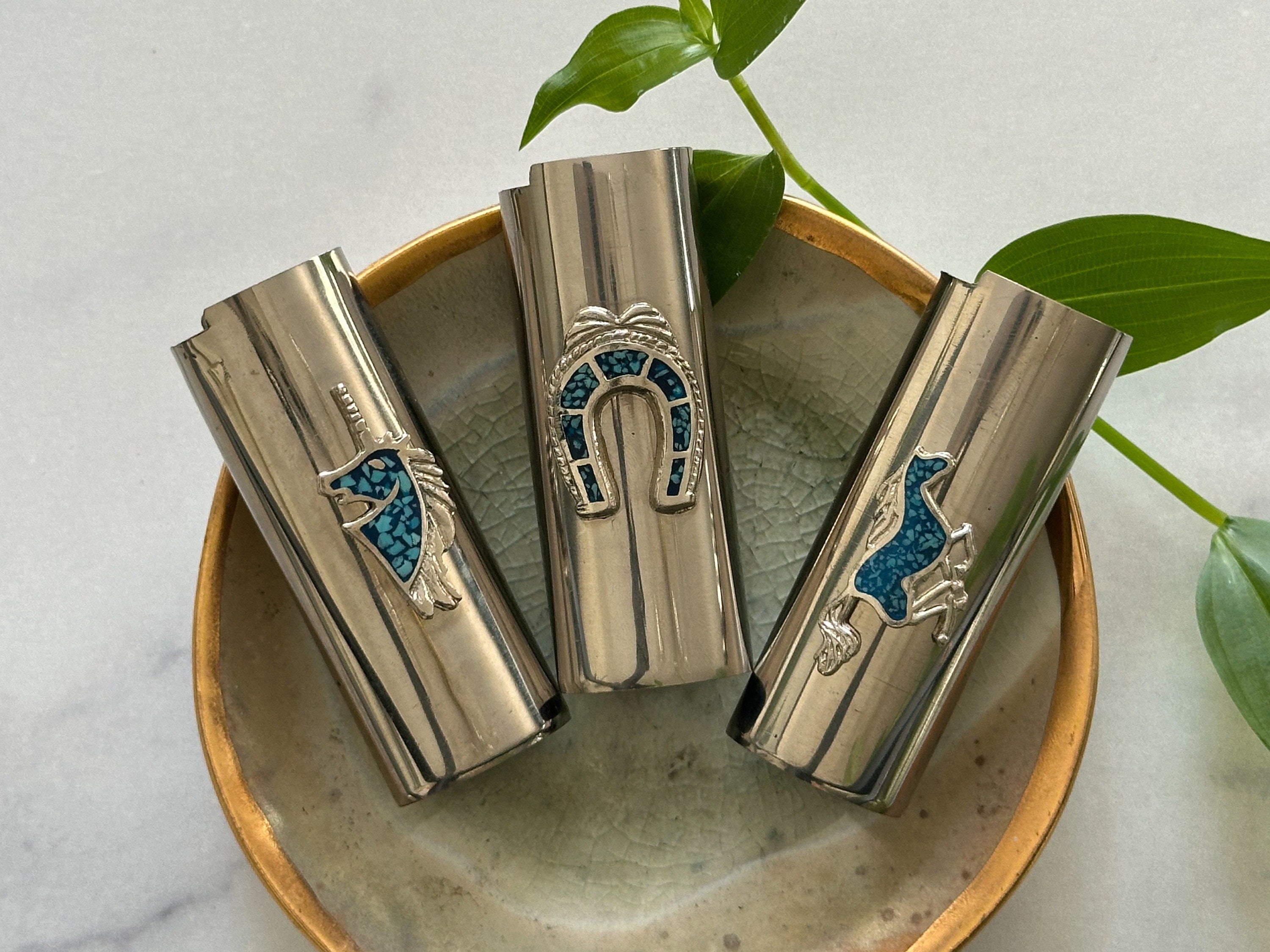 Horseshoe Lighter Cover - Vintage Horseshoe Design Crushed Blue Turquoise Chip & Nickel Silver Lighter Case/Cover/Lighter Sleeve/Holder