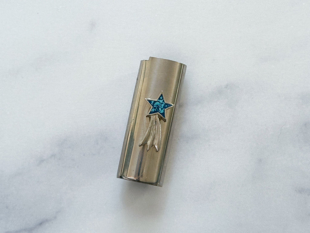 Shooting Star Lighter Cover - Vintage Shooting Star Design Crushed Blue Turquoise Chip & Nickel Silver Lighter Case/Lighter Sleeve/Holder