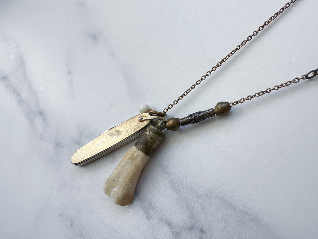 Doe Knife Necklace - Vintage Gold-Tone Folding Knife, Deer Tooth Pendant, Vintage Charm & Reclaimed Chain Statement Necklace