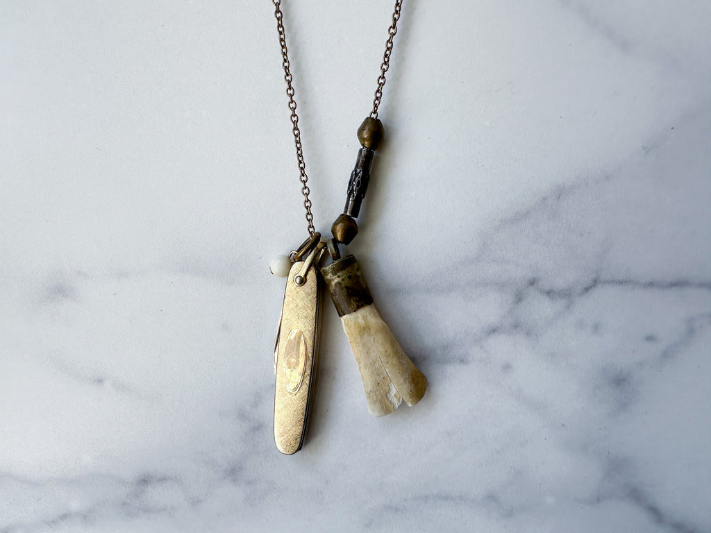 Doe Knife Necklace - Vintage Gold-Tone Folding Knife, Deer Tooth Pendant, Vintage Charm & Reclaimed Chain Statement Necklace