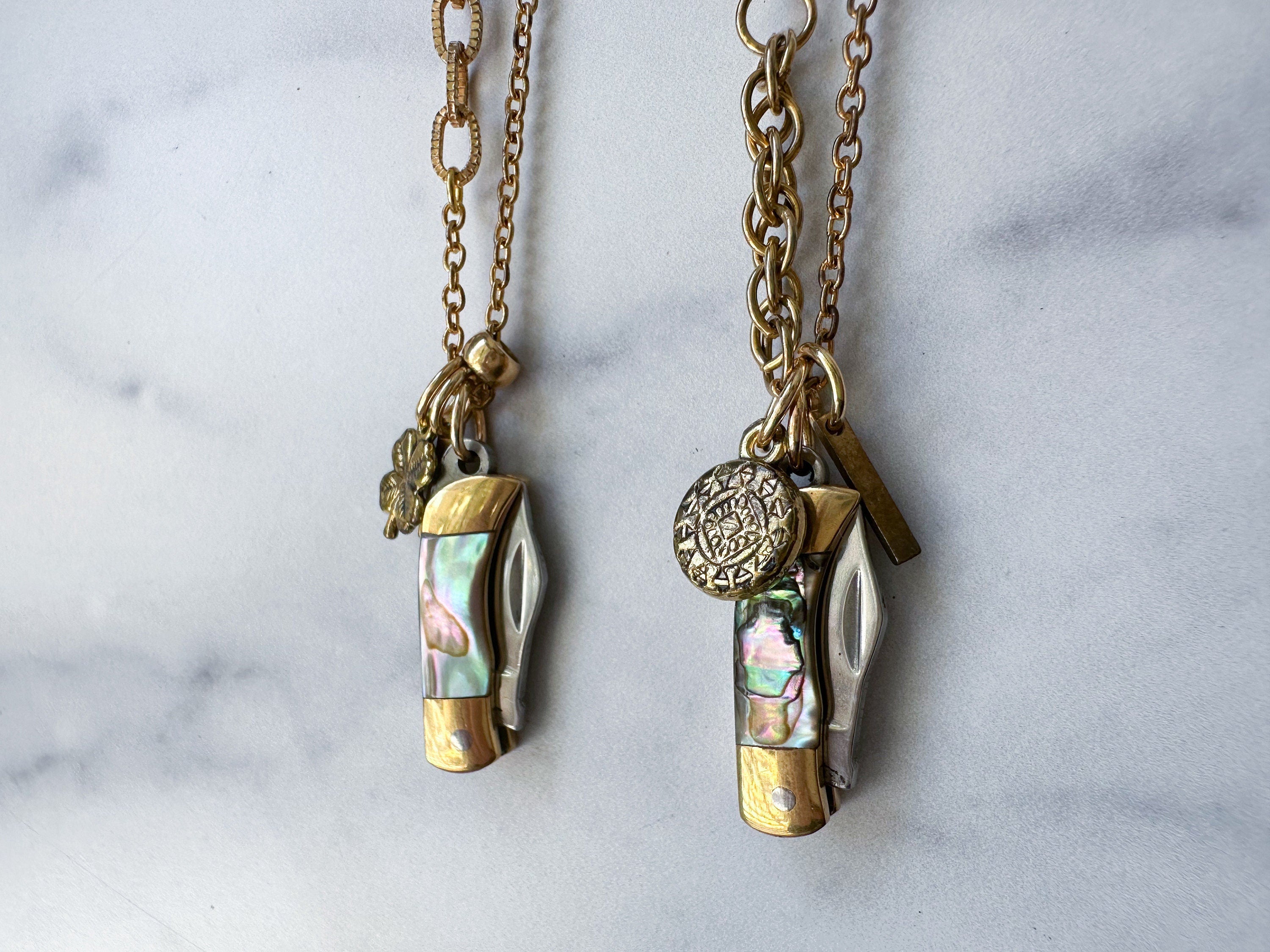 Luck Knife Necklace - Gold-Tone Shell Mother of Pearl Folding Knife, Vintage Gold-Tone Charms & Patchwork Reclaimed Chain Statement Necklace