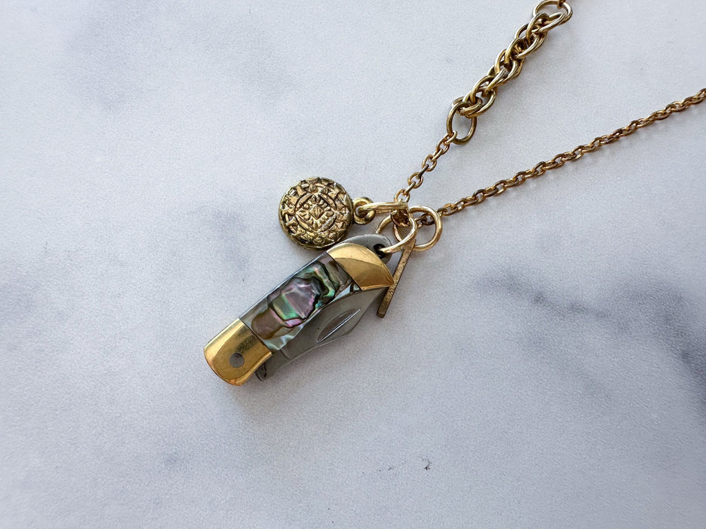 Luck Knife Necklace - Gold-Tone Shell Mother of Pearl Folding Knife, Vintage Gold-Tone Charms & Patchwork Reclaimed Chain Statement Necklace