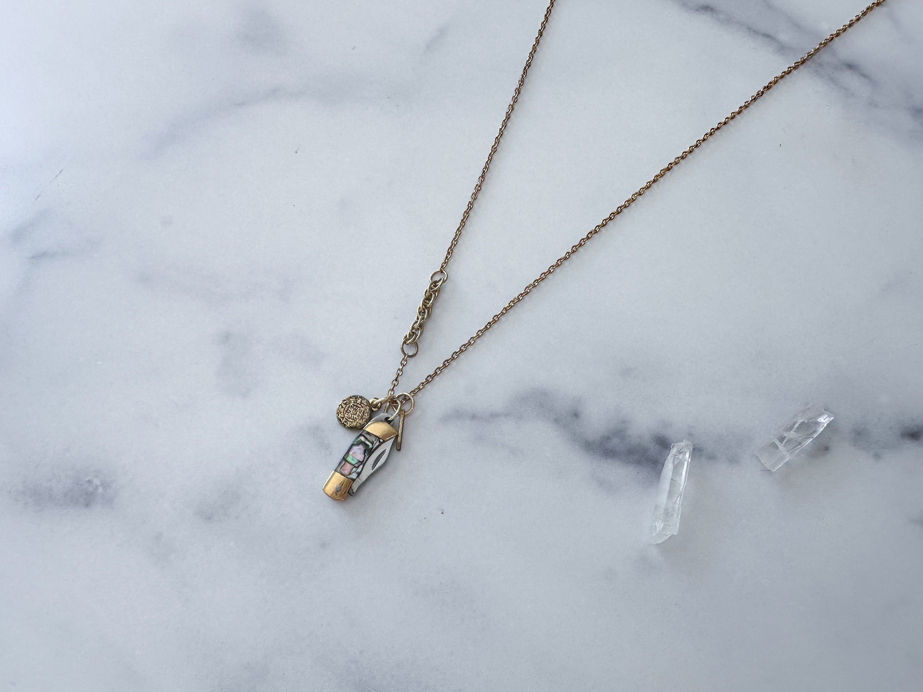 Luck Knife Necklace - Gold-Tone Shell Mother of Pearl Folding Knife, Vintage Gold-Tone Charms & Patchwork Reclaimed Chain Statement Necklace