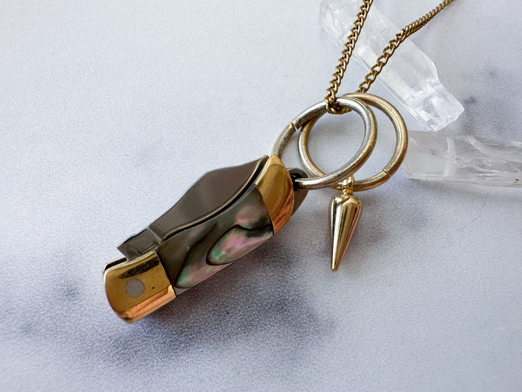 Duo Knife Necklace - Gold-Tone Mother of Pearl Folding Knife, Vintage Gold-Tone Spike Charm & Patchwork Reclaimed Chain Statement Necklace