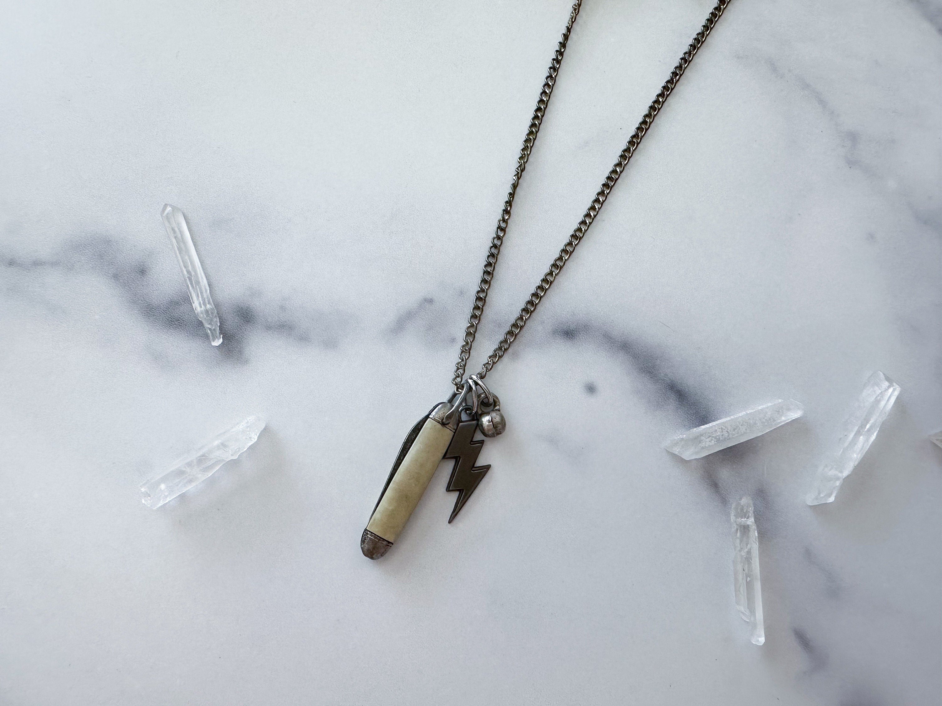 Zeus Knife Necklace - Vintage Mother of Pearl Penknife, Silver-Tone Lightning Bolt Charm & Reclaimed Patchwork Chain Statement Necklace