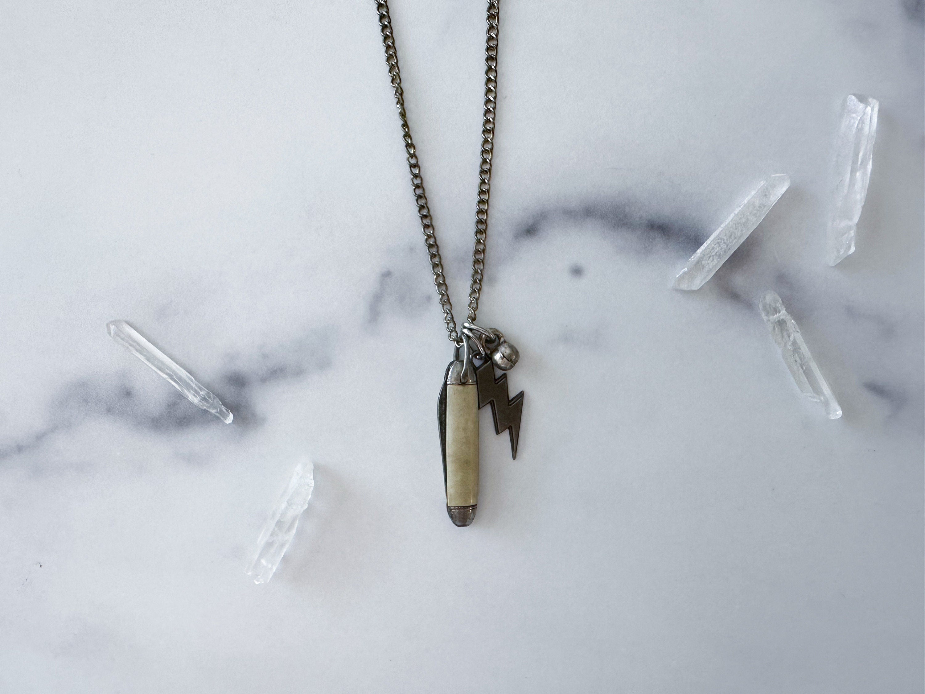 Zeus Knife Necklace - Vintage Mother of Pearl Penknife, Silver-Tone Lightning Bolt Charm & Reclaimed Patchwork Chain Statement Necklace