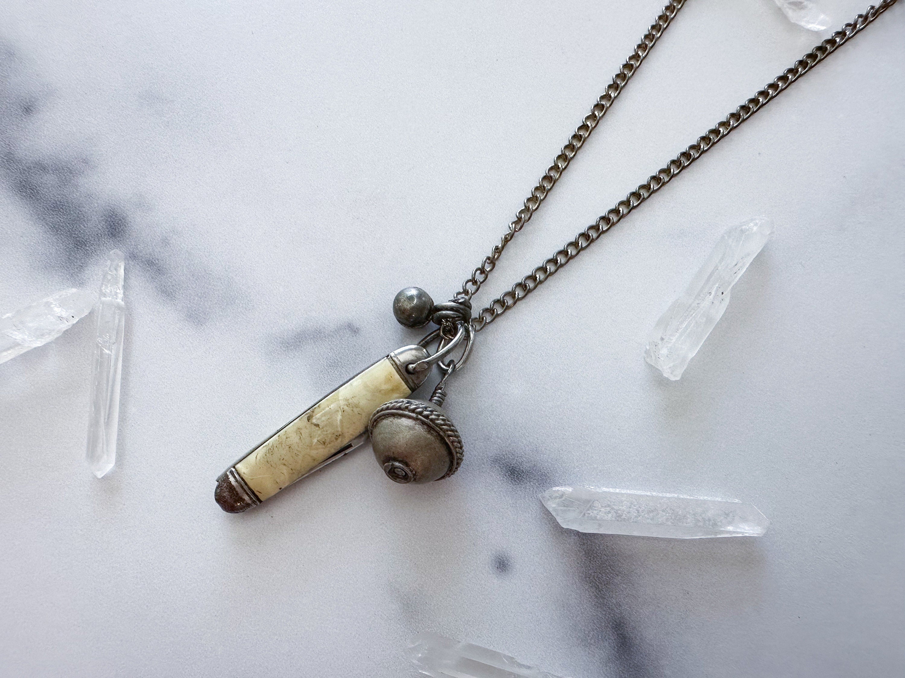 Fez Knife Necklace - Vintage Mother of Pearl Penknife, Silver-Tone Bead Charm, Kuchi Bell & Patchwork Reclaimed Chain Statement Necklace