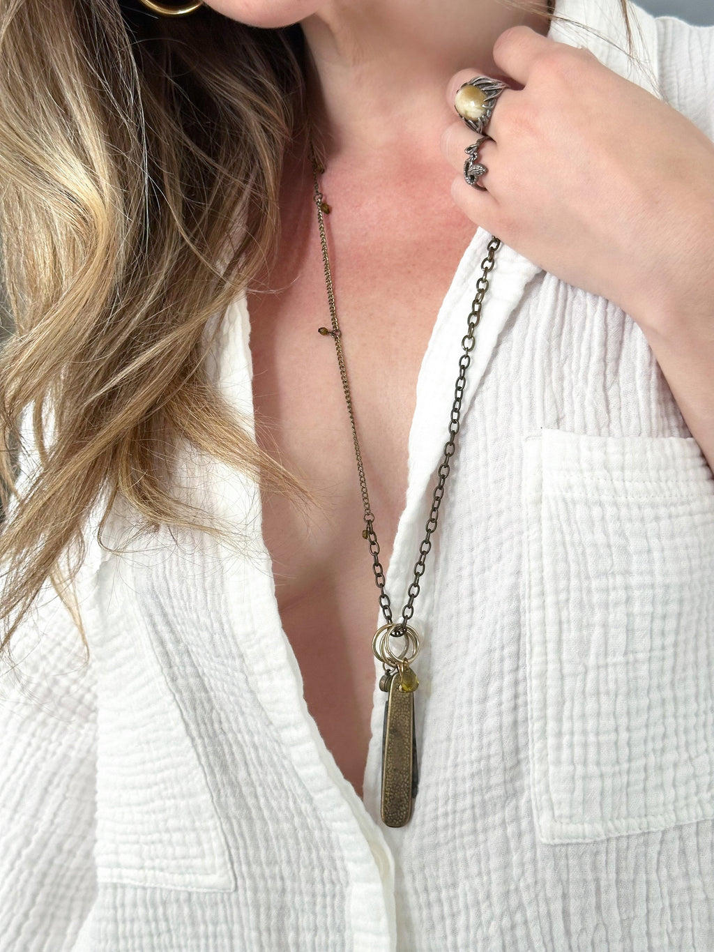All Seeing Knife Necklace - Vintage Brass-Tone Folding Knife, Vintage Charms & Reclaimed Chain Statement Necklace