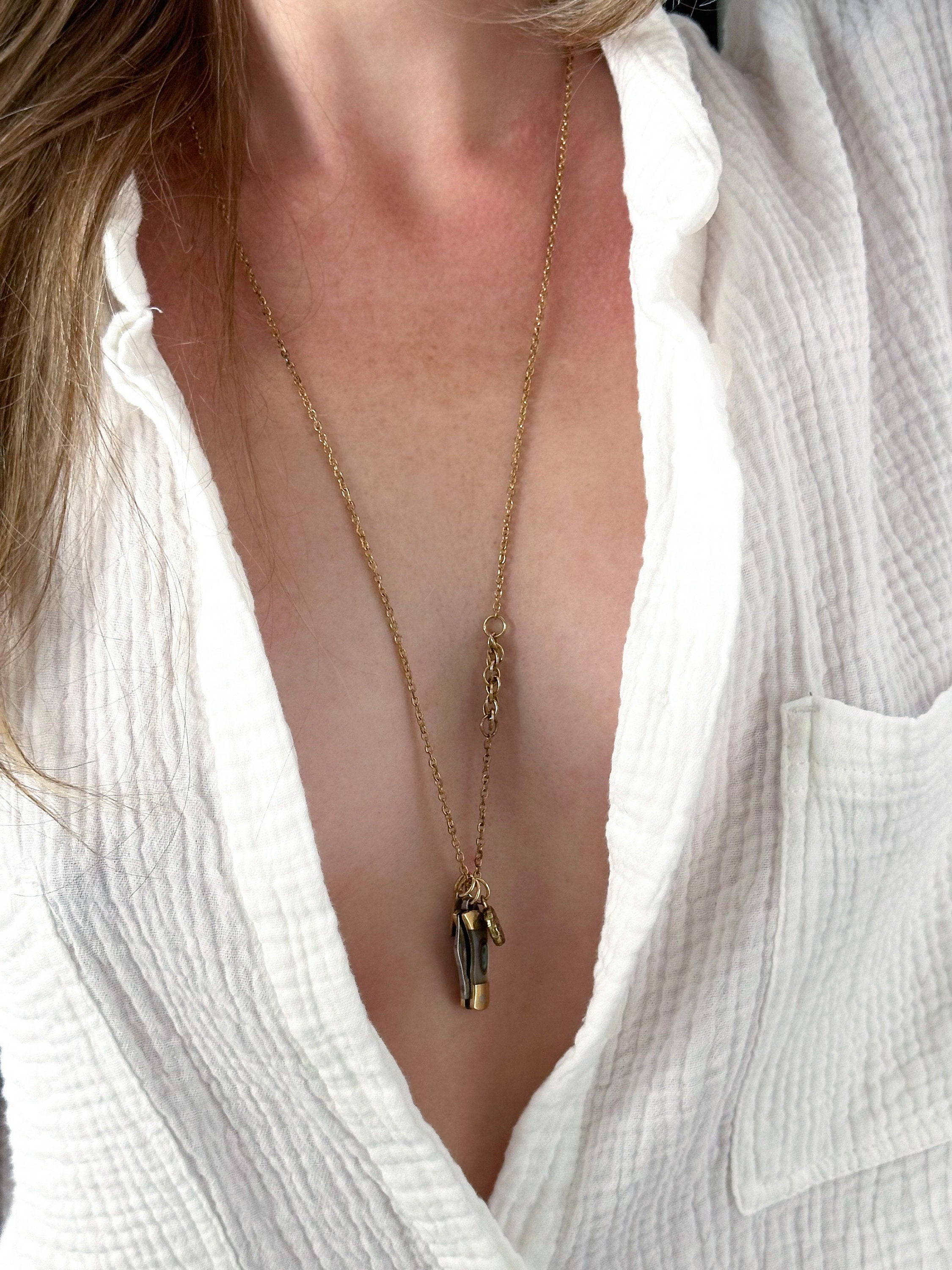 Luck Knife Necklace - Gold-Tone Shell Mother of Pearl Folding Knife, Vintage Gold-Tone Charms & Patchwork Reclaimed Chain Statement Necklace
