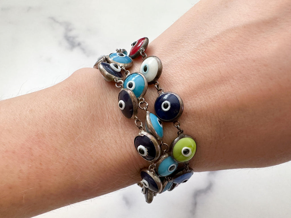 Eye on You Bracelet - Vintage Sterling Silver Rainbow Multicolored Glass Evil Eye Bracelet