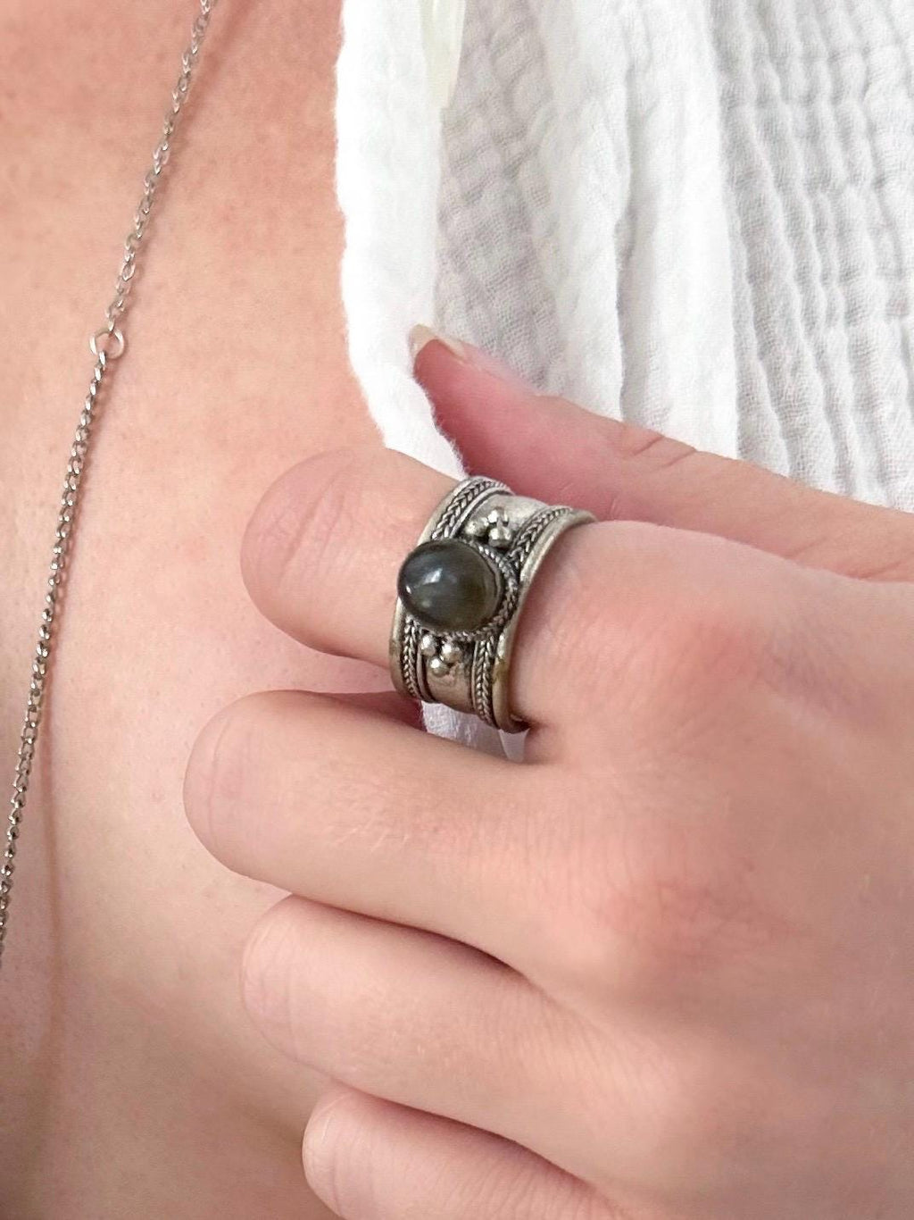 Sleet Stone Desert Ring - Silver-Tone Adjustable Stone Ring with Dark Oval-Shaped Labradorite Stone