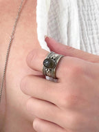 Sleet Stone Desert Ring - Silver-Tone Adjustable Stone Ring with Dark Oval-Shaped Labradorite Stone